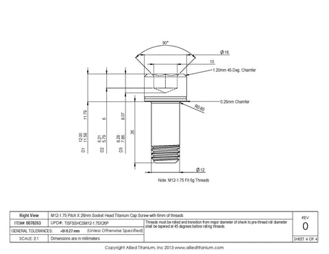 M12 1.75 Pitch X 26mm Socket Head Cap Screw technical drawing, Grade 5 titanium, corrosion resistant, marine hardware.