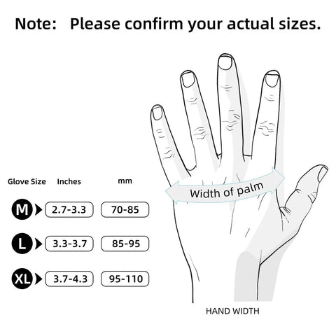 Size chart for Top Notch Disposable Vinyl Exam Gloves In Steel Blue, showing glove sizes and width of palm measurement.