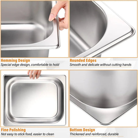 Collage of details from Eight Piece Stainless Steel Hotel Pan Set With Lids, showing pan edges, polish, and design features.