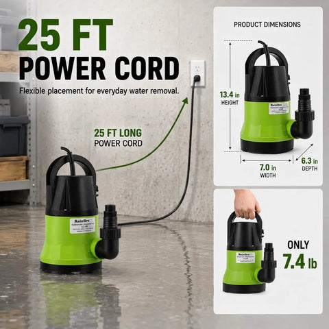 Heavy Duty Submersible Sump Pump Crafted For Rapid Pool Draining And Quick Flood Pickup Half Horsepower Engine Chugging Twelve Gallons A Minute While Handling Debris Like A Pro, with 25 ft power cord.