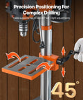 Heavy Duty Benchtop Drill Press Packing A Killer 3.2 Amp Motor And Five Speeds With Ten Inch Swing Plus Tilting Cast Iron Table showing adjustable height and angle for precision drilling.