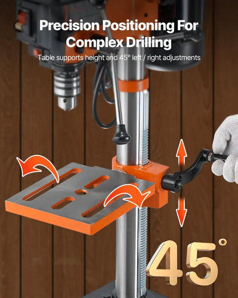 Heavy Duty Benchtop Drill Press Packing A Killer 3.2 Amp Motor And Five Speeds With Ten Inch Swing Plus Tilting Cast Iron Table showing adjustable height and angle for precision drilling.