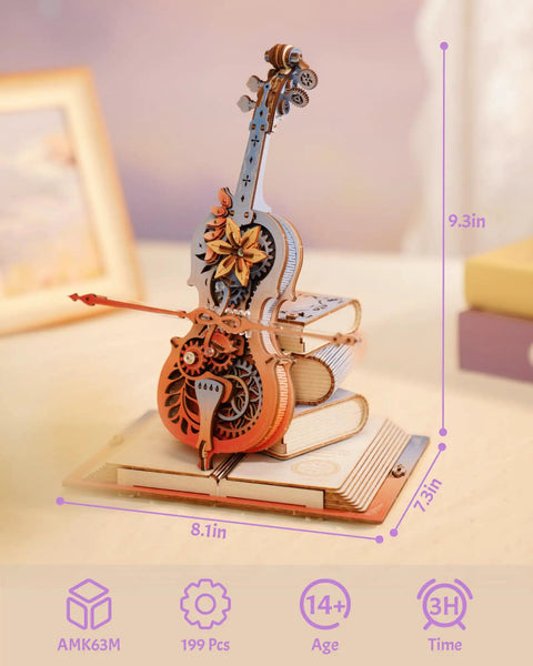 Dope 3D Wooden Cello Puzzle Model Kit With Mechanical Music Box And UV Gradient Finish For Adults, DIY Gift For Him Or Her, Gear Drive Cello Playing The Blue Danube, Unique Home Decor And Hobby Set, 9.3in wooden cello kit