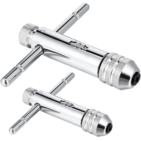 Two Pack Ratchet T Handle Tap Wrenches, Adjustable T Bar Handles with Reversible Ratcheting Action, Chrome Finish, Alloy Steel
