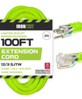 Weatherproof 100 Ft Outdoor Extension Cord with Lighted End 12/3 SJTW 15 Amp Heavy Duty High Visibility Light Green 3 Prong