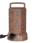 Wood finish power strip tower with 12 AC outlets and 6 USB ports, 6.5ft cord, energy saving switches for home office desktop setup