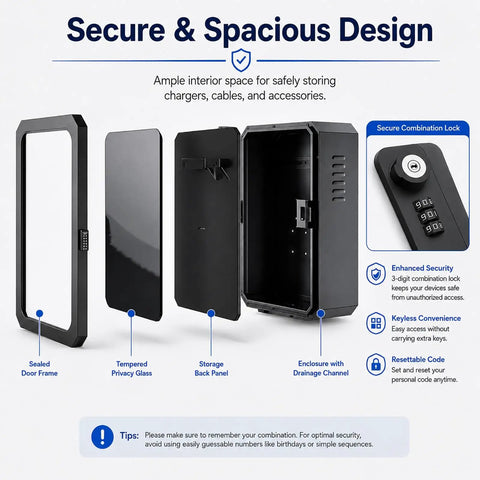 Built Like A Tank Outdoor EV Charger Enclosure With Sturdy Pedestal Stand And Combination Lock showing secure storage design and tempered glass.