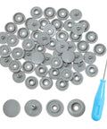Plastic Snap Button Starter Kit With 60 Resin Snaps For Fabric, DIY Clothing Repairs, Bibs, Towels, Wallets, Diapers, Bags And Crafts 13mm No-Sew Snap Closures, Rust-Free, Machine Washable., 13mm gray resin snaps and blue hand tool on white background