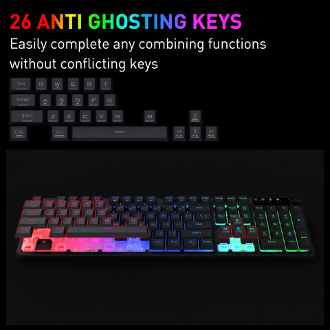 Dope Full Size Gaming Keyboard With Quick Turn Volume Knob, 104 Keys Wired PC Peripheral Featuring Fresh RGB Lighting And Crisp Feedback For Weekend Warriors, showing 26 anti ghosting keys.