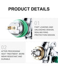 Close-up of nozzle and design features of HVLP Gravity Feed Paint Sprayer Set With 3 Nozzles 1.4mm 1.7mm 2.0mm 600cc Cup Easy To Use Spray Gun Kit