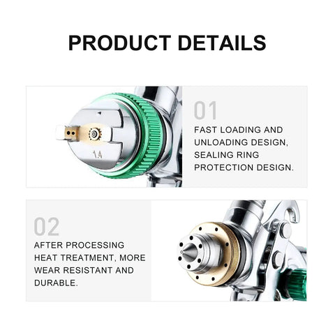 Close-up of nozzle and design features of HVLP Gravity Feed Paint Sprayer Set With 3 Nozzles 1.4mm 1.7mm 2.0mm 600cc Cup Easy To Use Spray Gun Kit