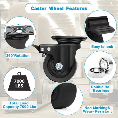 Dead Tough 4 Inch Heavy Duty Casters Set Of 4, 7000 Lbs Load Capacity Swivel Plate Wheels close-up features and locking mechanism.