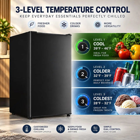 Kickin Compact 3.2 Cubic Foot Upright Freezer Solid Black Design with 3-level temperature control for versatile cooling.