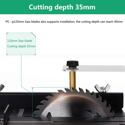 Killer Slick Mini Table Saw Electric Rotary Tool With Variable Speed Motor And 0 To 90 Adjustable Angle showing 110mm saw blade and 35mm cutting depth.