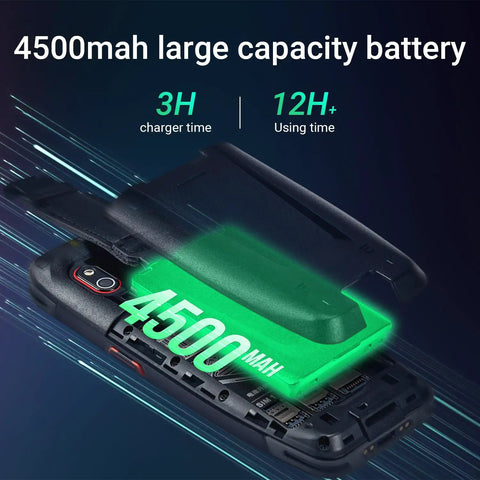 Exploded view of Android 13 Handheld Barcode Scanner For Warehouse And Retail, showing 4500mAh large capacity battery highlight.