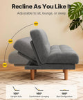 65 Inch Convertible Futon Sofa Bed With Adjustable Backrest Corduroy Grey Upholstery in reclined position with angle options.