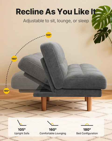65 Inch Convertible Futon Sofa Bed With Adjustable Backrest Corduroy Grey Upholstery in reclined position with angle options.