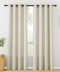 Sheer Linen Textured Grommet Curtains 84 Inch Long Semi Sheer Privacy Light Filtering Shabby Chic for Living Room and Dining Room Angora Color 52 Inch Wide 2 Panels installed on a rod in a bright room.