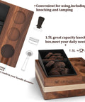 Espresso Knock Box And 4 In One Organizer For Home Barista Setup With Tamper Stand Distributor Holder 51 And 54 Mm Portafilter Basket Holders And Wooden Base Built To Last For Your Coffee Station with top view of wooden knock box and portafilter holder