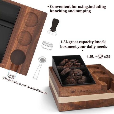 Espresso Knock Box And 4 In One Organizer For Home Barista Setup With Tamper Stand Distributor Holder 51 And 54 Mm Portafilter Basket Holders And Wooden Base Built To Last For Your Coffee Station with top view of wooden knock box and portafilter holder