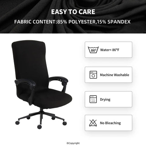 Waterproof Stretch Office Chair Cover With Durable Zipper Washable Removable Spandex Slipcover on black chair, care details
