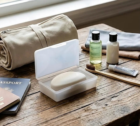 Clear White Travel Soap Box with Lid for On The Go Organization on a wooden table with travel items