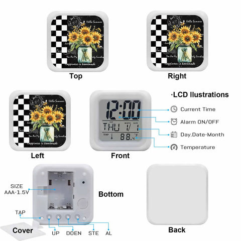 Solid Build Cube Digital Alarm Clock With Seven Color Led Night Light And Easy Peasy Snooze tracks time, date, and temperature from various angles.