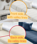 Side view of Bay Window Seat Cushion Pad, Custom Sized And Shaped To Fit Curved, L-Shaped Or Half Moon Benches, Textured Foam, Non Slip Bottom, shown in white and blue colors with a cozy setting and pillows.