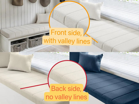 Side view of Bay Window Seat Cushion Pad, Custom Sized And Shaped To Fit Curved, L-Shaped Or Half Moon Benches, Textured Foam, Non Slip Bottom, shown in white and blue colors with a cozy setting and pillows.