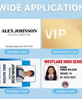 Top Shelf 1000 Pack Blank CR80 PVC ID Cards, Thick 30 Mil White Plastic Credit Card Size Swipes, Straight Up Ready For Photo Badge Printing And Custom Designs No Fuss. Various examples of ID cards including business, membership, employee, and student cards.