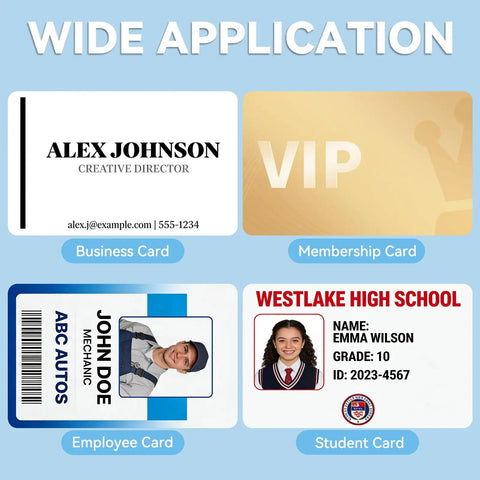 Top Shelf 1000 Pack Blank CR80 PVC ID Cards, Thick 30 Mil White Plastic Credit Card Size Swipes, Straight Up Ready For Photo Badge Printing And Custom Designs No Fuss. Various examples of ID cards including business, membership, employee, and student cards.