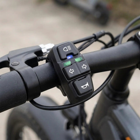 Upgrade Your Ride With This Cool DK336 E-Bike Handlebar Switch That Masters Turn Signals And Front Light Control For Scooters And Trikes., black plastic 36V 48V e-bike handlebar switch with turn signals, horn and headlight buttons