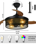 42 Inch Retractable Ceiling Fan With Lights Killer Reversible 6 Speeds Cage Industrial Farmhouse Ceiling Fan With Hidden Blades Remote Control Ideal For Living Room Bedroom Patio Black, showing hidden blades and light bulb compatibility