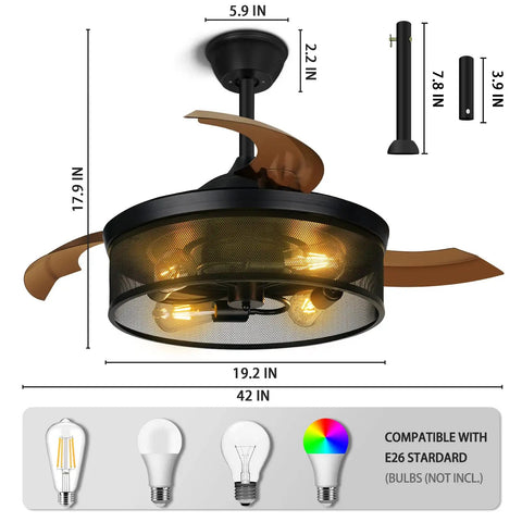 42 Inch Retractable Ceiling Fan With Lights Killer Reversible 6 Speeds Cage Industrial Farmhouse Ceiling Fan With Hidden Blades Remote Control Ideal For Living Room Bedroom Patio Black, showing hidden blades and light bulb compatibility