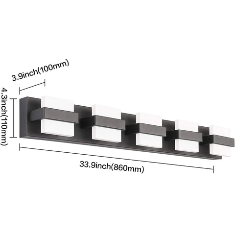 Sleek Black 5 Light Vanity Bar Over Mirror LED Bathroom Light 34 Inch Dimmable White Glow Modern Bath Fixture Side View
