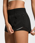 Close-up of Womens 2.5 Inch Quick Dry Gym Shorts With High Waist And Zip Pockets Built In Liner Breathable Mesh Panels Black XS