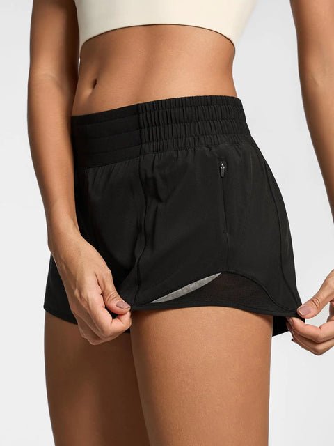 Close-up of Womens 2.5 Inch Quick Dry Gym Shorts With High Waist And Zip Pockets Built In Liner Breathable Mesh Panels Black XS