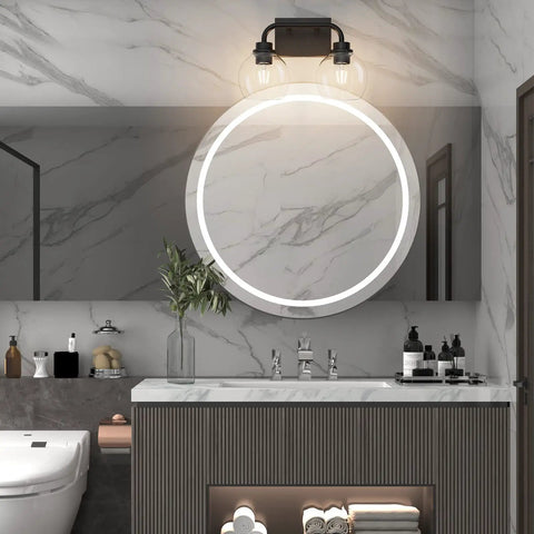 Industrial Style Bathroom Vanity Lighting Fixtures Four Light Matte Black Finish With Clear Globe Glass Farmhouse installed