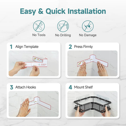 Installation steps for Adhesive Corner Shower Caddy 3-Pack With Soap Holder And Hooks, Space-Saving, No Drill Bathroom Shelves