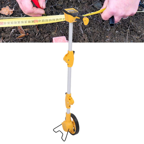 WGFOIP Digital Display Measuring Wheel 93cm Extension upright with measuring tape in hand on dirt surface.
