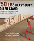 250 lbs heavy-duty roller stand supporting a wood panel, showcasing sturdy build and stability of the 2 pack folding roller stands with 27 to 43 inch adjustable height heavy duty steel build ideal outfeed support for table saws and woodworking each pair holds up to 500 lbs tool free height adjustment.