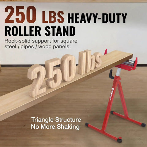 250 lbs heavy-duty roller stand supporting a wood panel, showcasing sturdy build and stability of the 2 pack folding roller stands with 27 to 43 inch adjustable height heavy duty steel build ideal outfeed support for table saws and woodworking each pair holds up to 500 lbs tool free height adjustment.