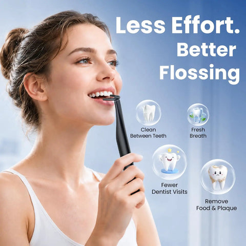 Portable Rechargeable Electric Water Flosser With Three Adjustable Cleansing Modes used by a woman for oral hygiene.