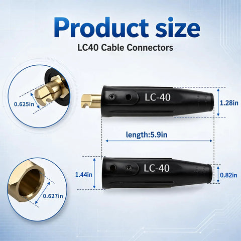 LC40 cable connectors size diagram, 3 Pack LC40 Welding Leads Quick Connector Set For Secure Weld Cable Connections With Male And Female Quick Connectors