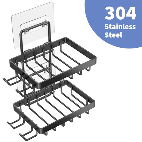 Tough As Nails 304 Stainless Steel Double Soap Holder For Shower, No Fuss Adhesive Wall Mount Rack With Four Extra Hooks And Razor Spot, Rust Proof Bathroom Organizer That Seriously Locks In Place