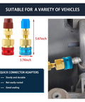 Two brass Ziciner quick-connect adapters with red and blue caps for R1234YF to R134A car AC charging, installed.