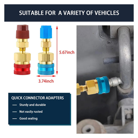 Two brass Ziciner quick-connect adapters with red and blue caps for R1234YF to R134A car AC charging, installed.