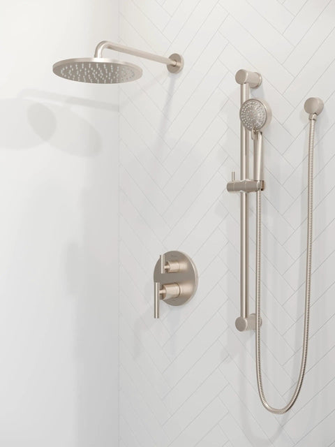 Contempra Dual Handle Diverter Shower Trim Kit in Brushed Nickel Finish shown with modern shower setup