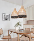 Dining area with Rattan Pendant Light With Handmade Woven Lampshade, 1 Light Black Pendant For Kitchen Island, Wicker Ceiling Fixture.