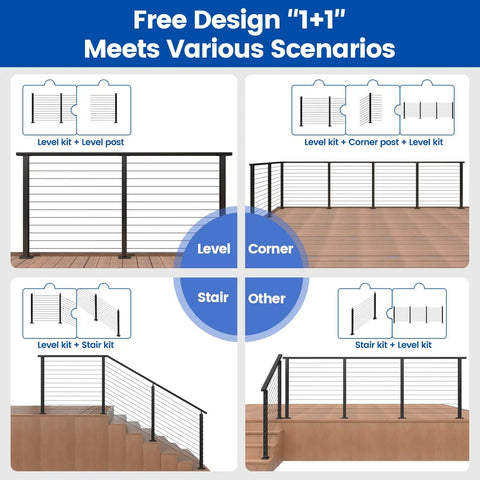 Diagram showing 15 To 20 Ft Modular Black Cable Railing Kit With 42 Inch Posts, level and stair configurations on deck.